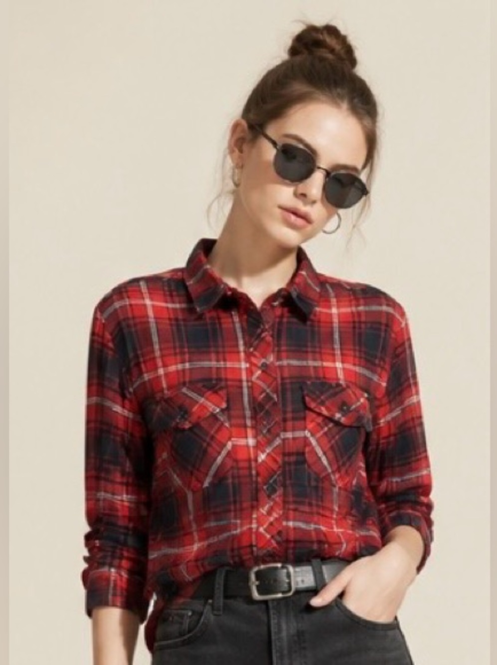 BEACH LUNCH LOUNGE Shirt Top Double Flannel Plaid Red Button Small